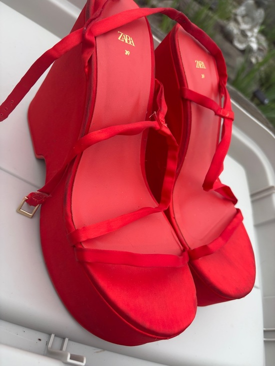 Zara Shoes - Zara Bright Red Satin Platform Heels
